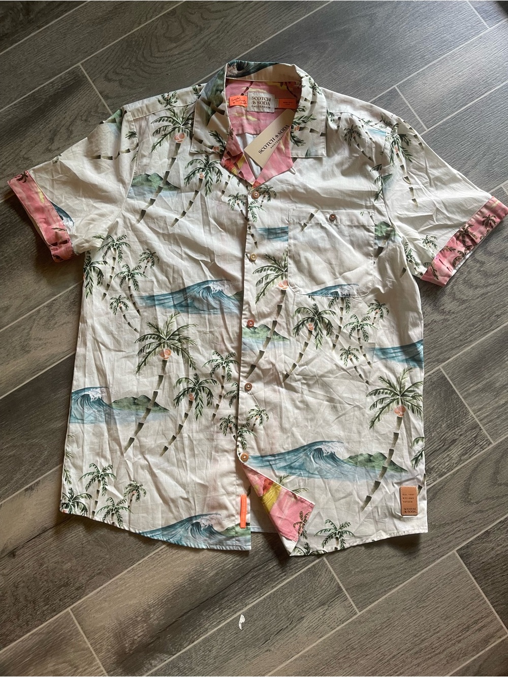 Scotch & Soda White Short Sleeve Tropical Print Button-Down Shirt